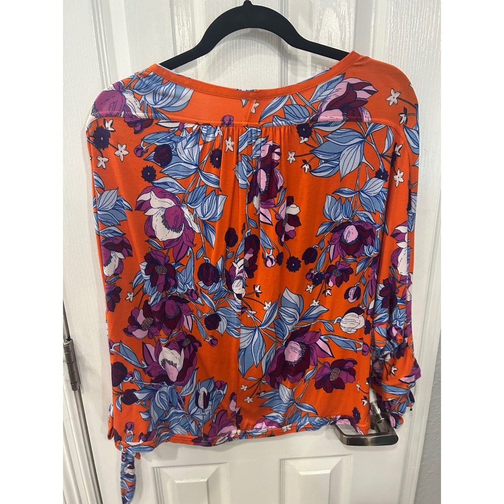 Free People Top Orange Floral Twist Front Tie Sleeve Boho Blouse